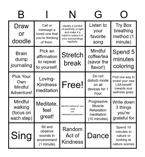 Wellness Bingo Card