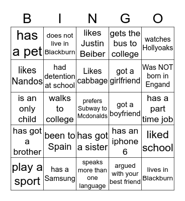 English GCSE People Bingo Card