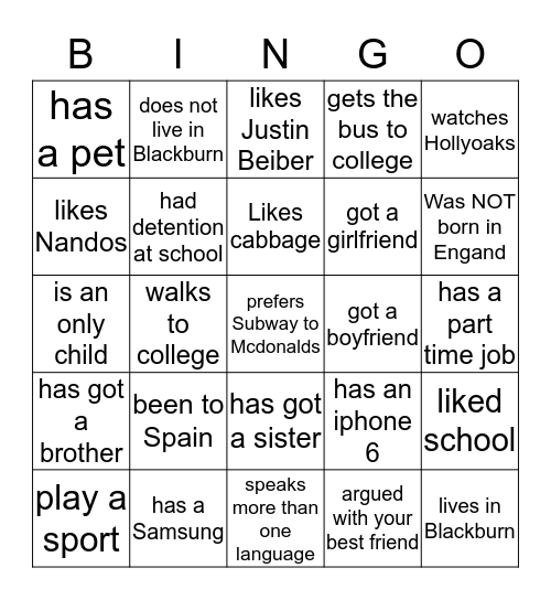English GCSE People Bingo Card