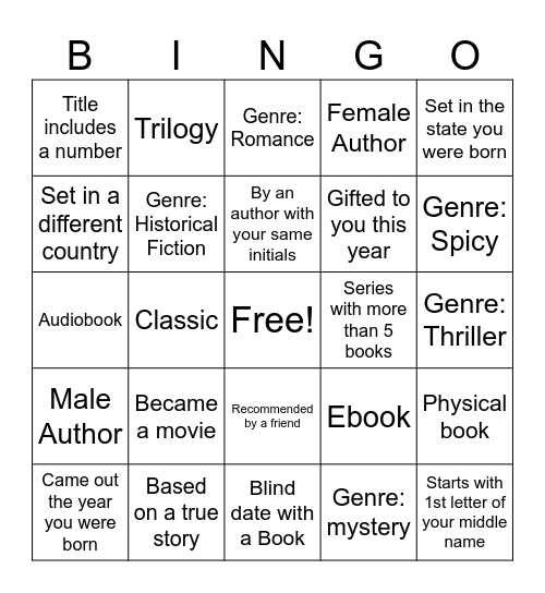 Reading Challenge Bingo Card