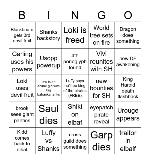 One Piece 2025 Bingo Card