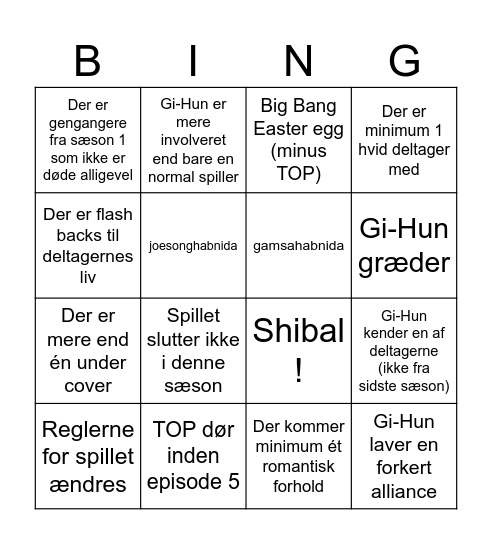 Squid Game sæson 2 Bingo Card