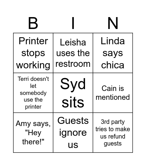 Front Desk Bingo Card