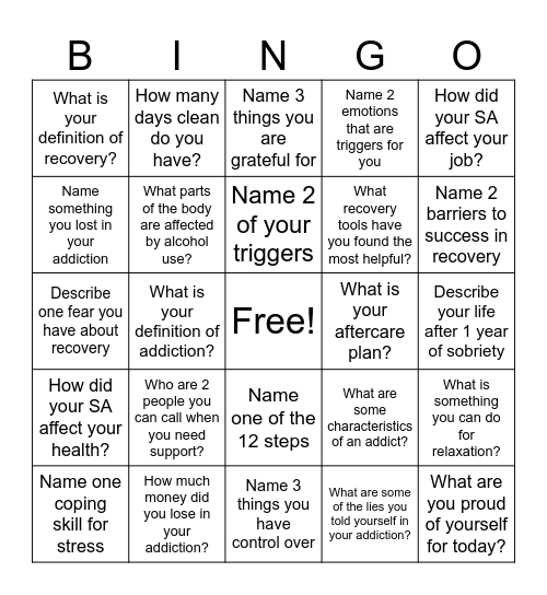 Recovery Bingo! Bingo Card