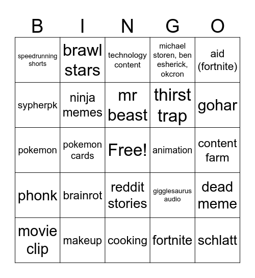 YT Shorts bingo Card