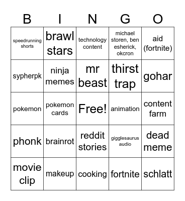 YT Shorts bingo Card