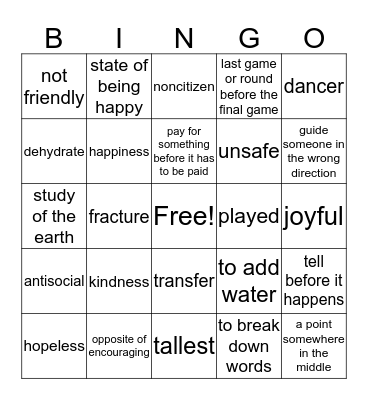 Affixes and Roots Bingo Card
