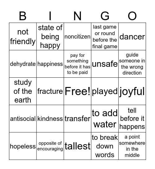 Affixes and Roots Bingo Card