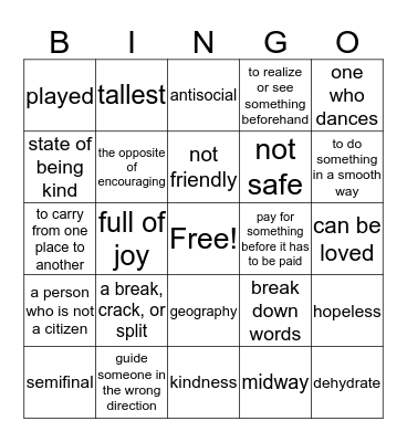 Affixes and Roots Bingo Card