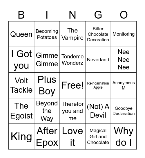 Vocaloid Bingo Card
