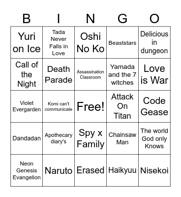 Anime Openings Bingo Card