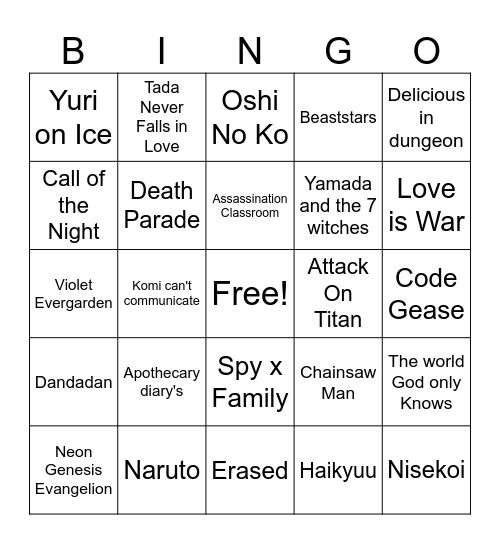 Anime Openings Bingo Card