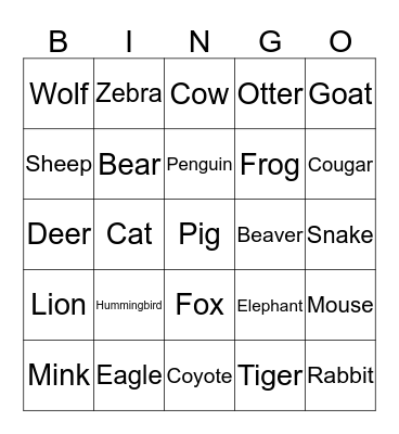 Animals Bingo Card