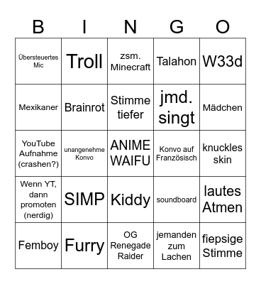 VR Chat BINGO Card