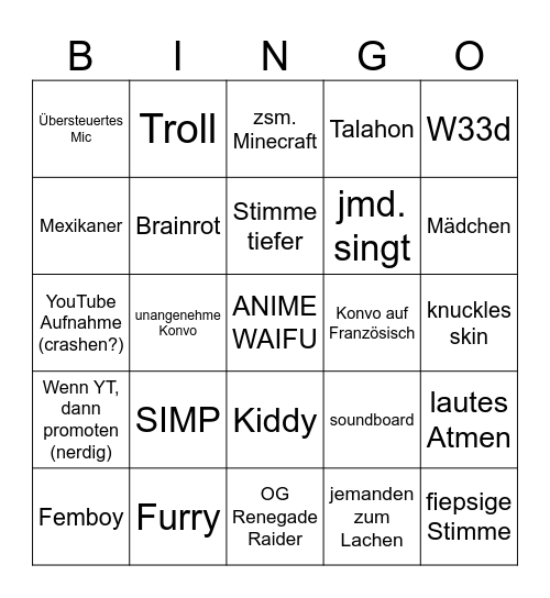 VR Chat BINGO Card