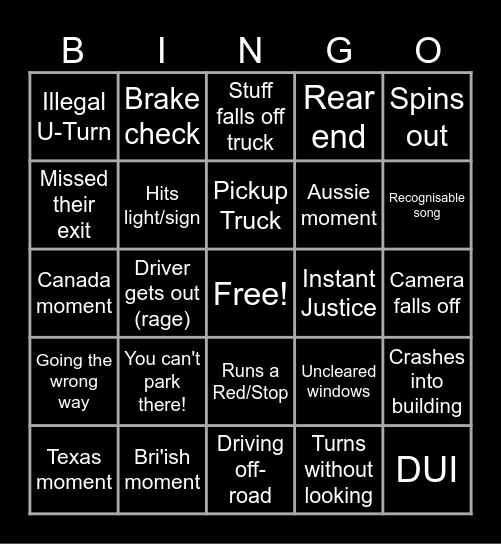 Idiots in Cars Bingo Card