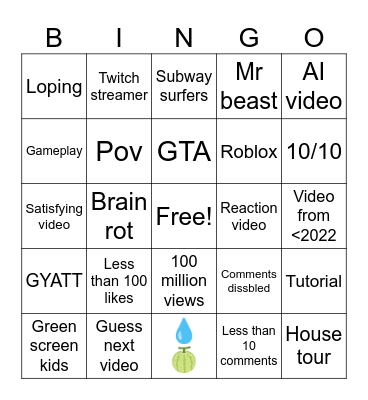 YT shorts Bingo Card