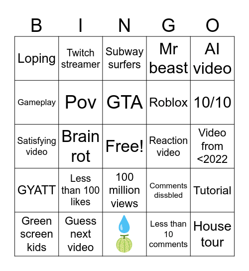 YT shorts Bingo Card