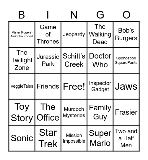 Theme Songs Bingo Card