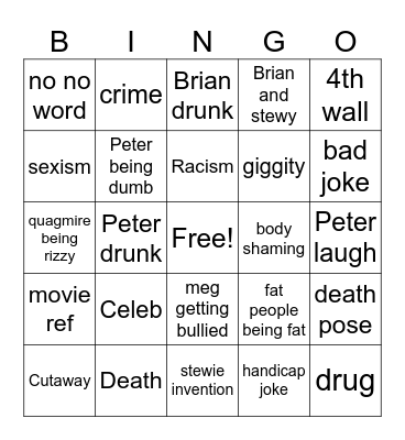 Dark Family Guy Bingo Card