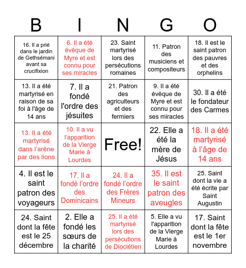 Bingo des Saints. Bingo Card