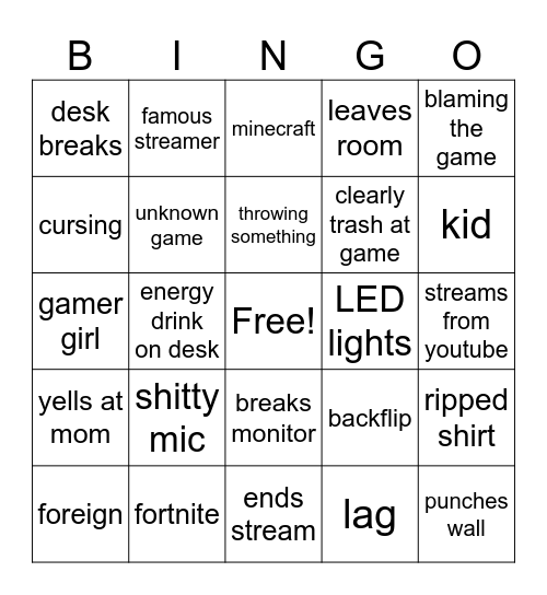 Gamers Raging Bingo Card