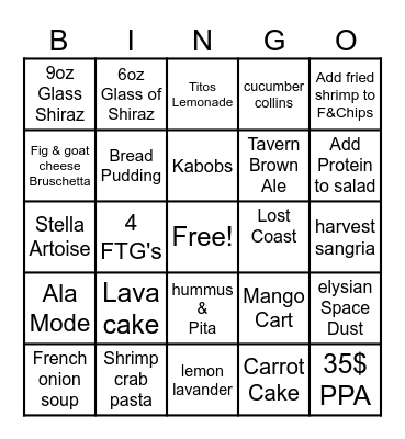 Baker's Crust Bingo Card
