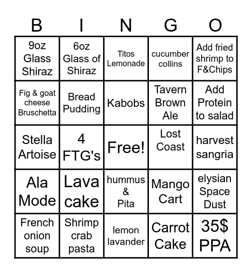 Baker's Crust Bingo Card