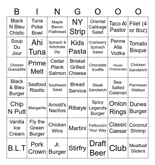 Menu Blackout Bingo Card