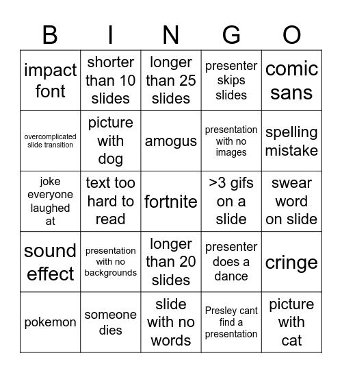 2024 Slide Night Bingo Card