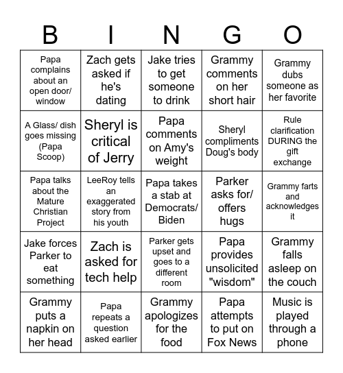 Christmas at G&P's Bingo Card