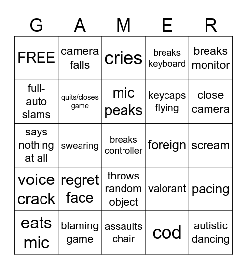 GAMER RAGE BINGO Card