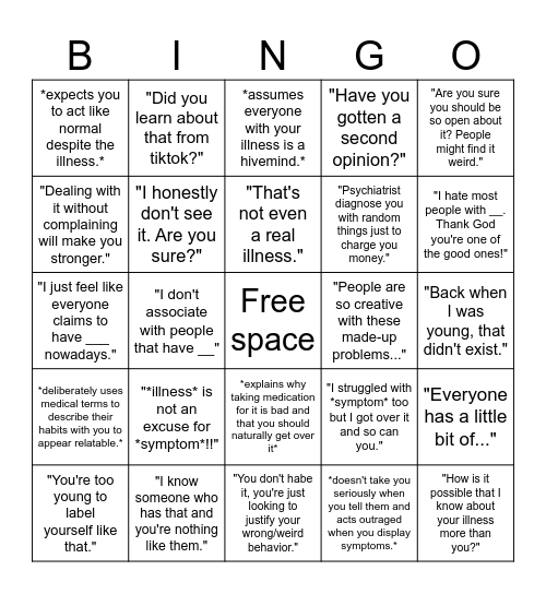 Mental Illness invalidation! Bingo Card