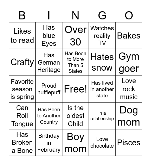 Pen Pal Bingo Card