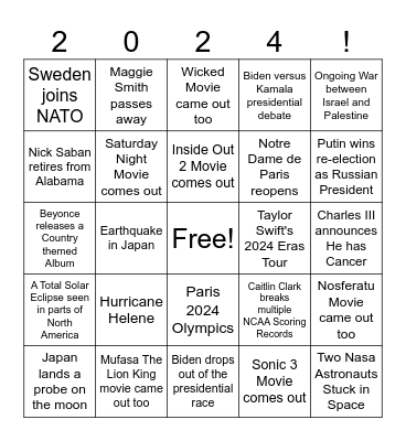 End of Year 2024 Bingo Card
