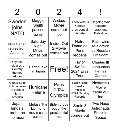 End of Year 2024 Bingo Card
