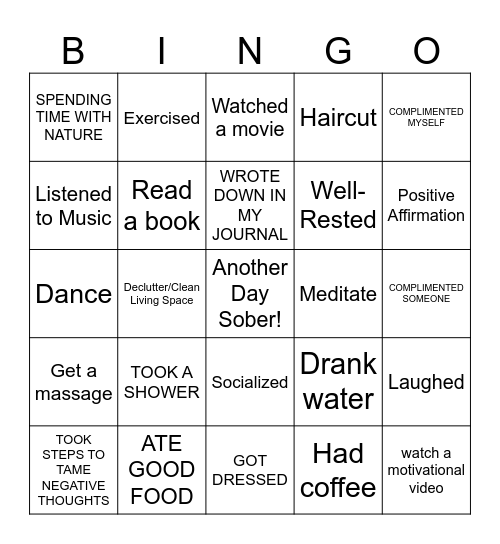 Self Nurturing Bingo Card