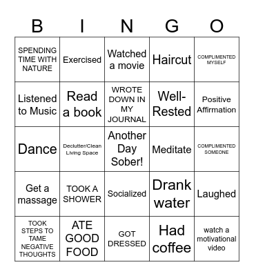 Self Nurturing Bingo Card