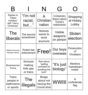 Cash Christmas Bingo Card