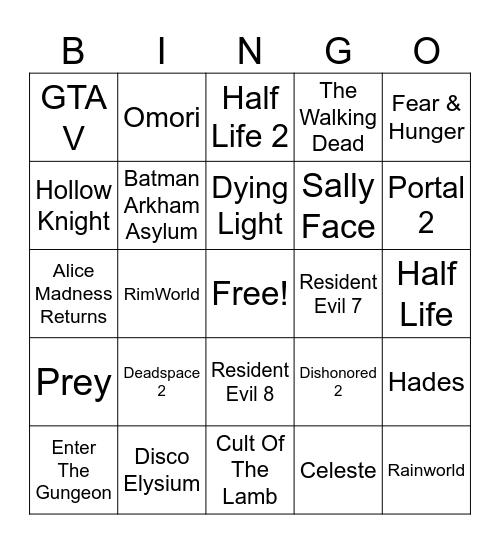 Mel's Game List Bingo Card