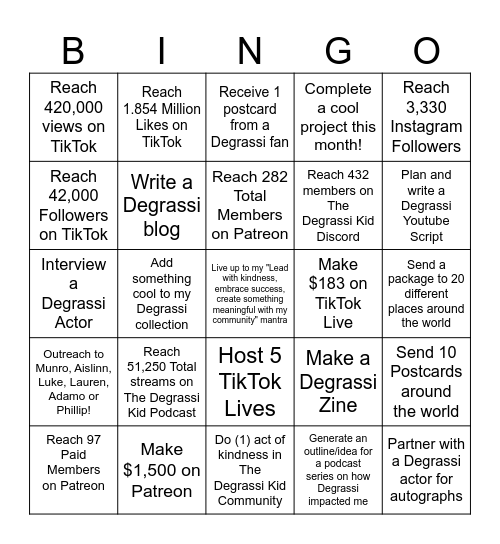 Degrassi Kid's January Bingo Goals Bingo Card