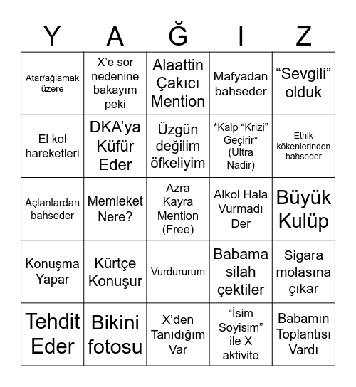 Yağız Bingo Card