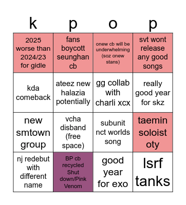 kpop 2025 Bingo Card