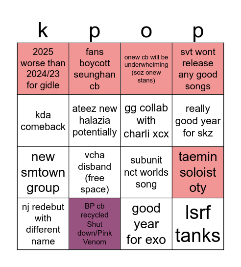 kpop 2025 Bingo Card