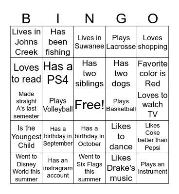 GNAC Jr. Teen Bingo Card