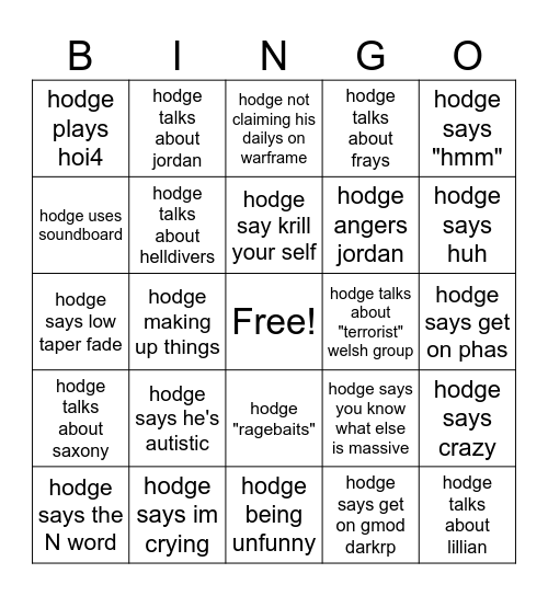 hodge bingo!!!!!!!!!!!!!!!!!!!! Bingo Card