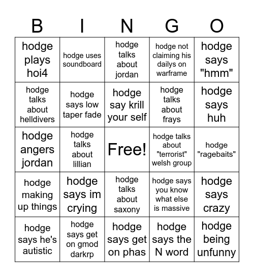 hodge bingo!!!!!!!!!!!!!!!!!!!! Bingo Card
