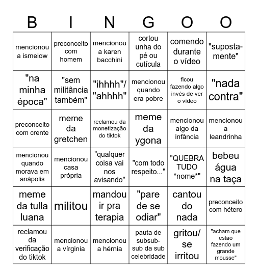 bingo dos vídeos da ismãe (canal secundário) Bingo Card