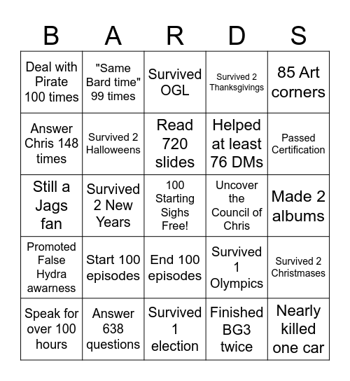 Bardgo Bingo Card