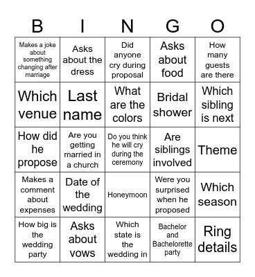 Wedding Bingo Card